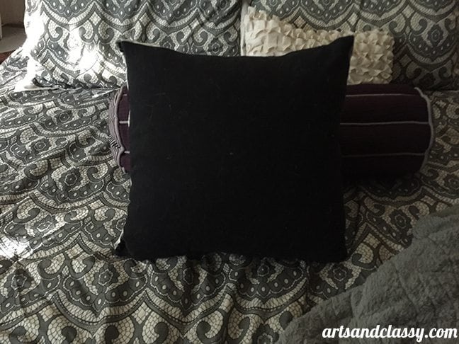 Easy DIY No Sew Pillow Cover Room Decoration - after image back of pillow placed on my bed - www.artsandclassy.com