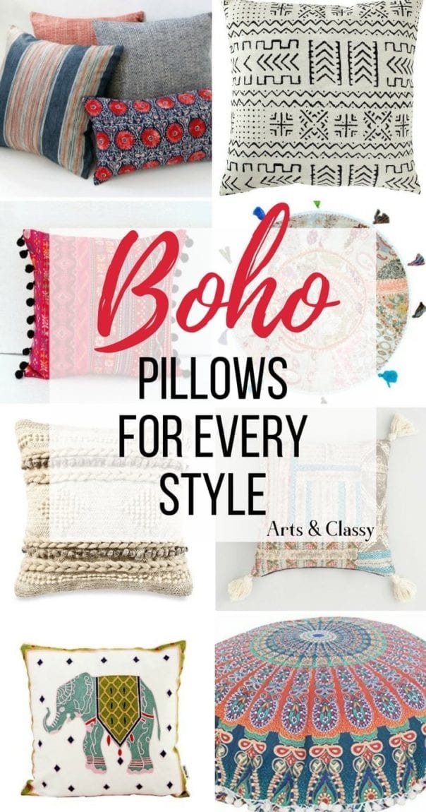 Shop all of these Boho pillows and pillow covers. You can quickly and easily add a bit of Bohemian style without breaking your decorating budget. I've gathered cheap and chic pillows for every style, from colorful to neutral, simple to elaborate. Boho pillows for every space in your home with floor pillows, sofa pillows, and bedroom pillows galore!