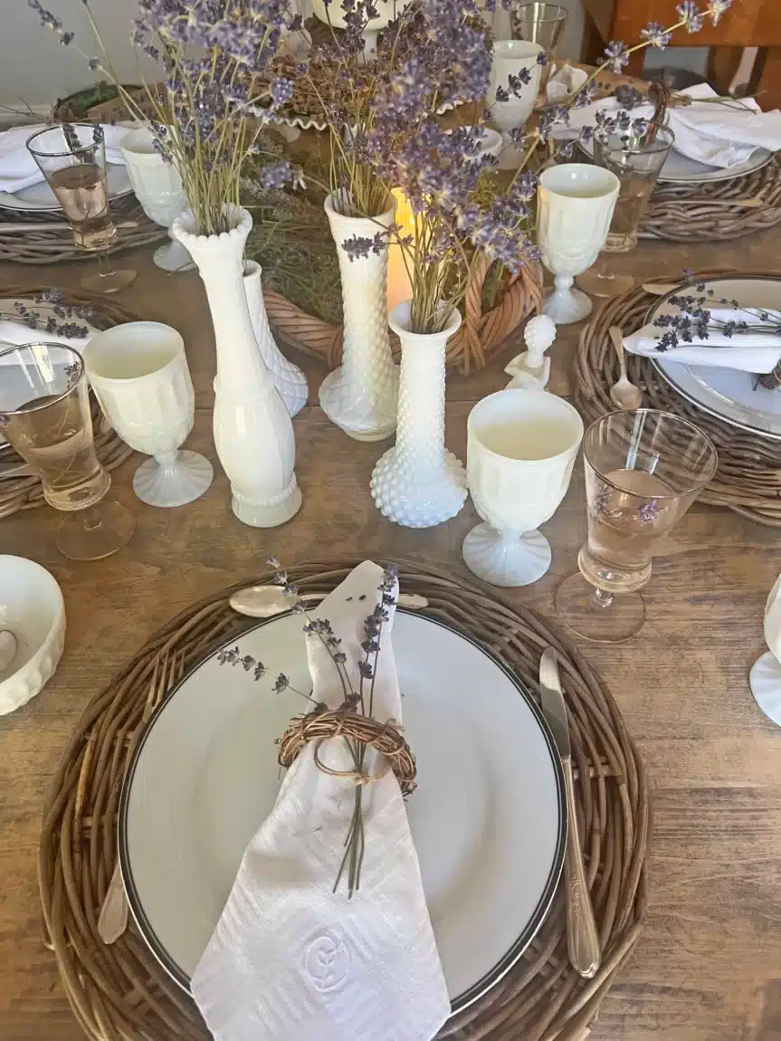 Rustic Lavender Table Styling with a Touch of Vintage Milk Glass