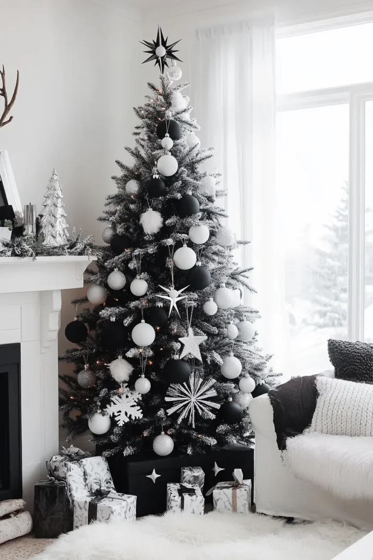 Classic Black and White Christmas Tree and Cozy Decor - Black and White Christmas Tree Ideas + Decor Inspiration