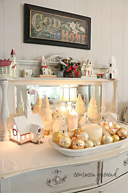 Snowy White Churches on the Old Sideboard